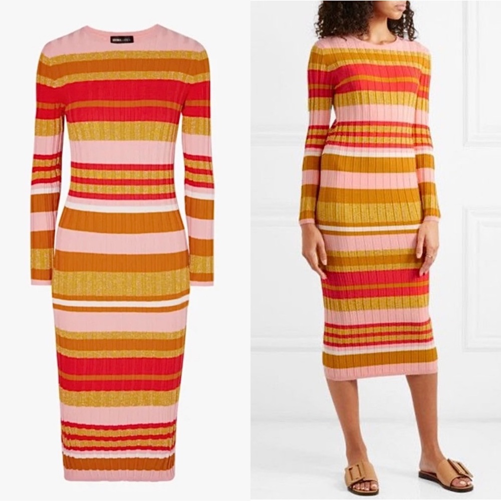 STINE GOYA Stripe Rib Knit Long Sleeve Crewneck Old Money Preppy Bodycon Dress S